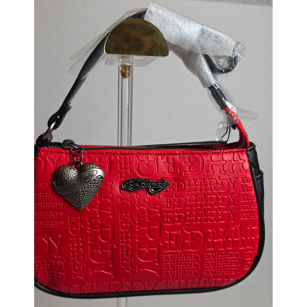 Ed Hardy Red Embossed Logo Shoulder Bag Y2K Tattoo Art Heart Charm NWT